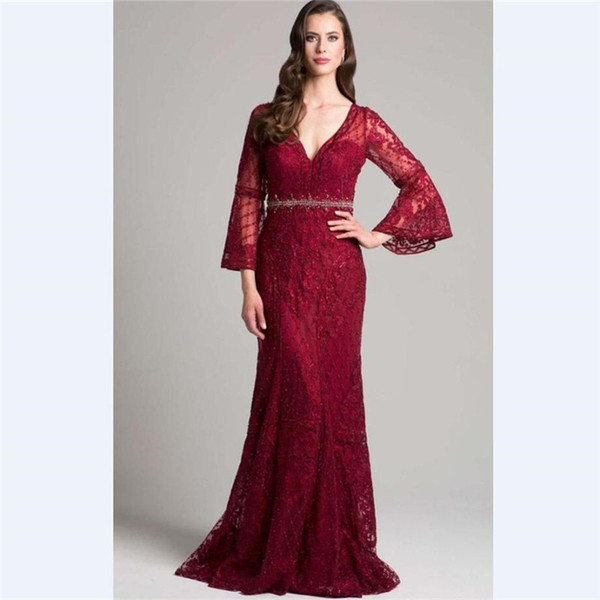 Elegant Red Lace Mermaid Mother's Dresses Custom 3/4 Sleeves Beads Mother Of the Bride Dress With Belt V Neck Prom Gowns