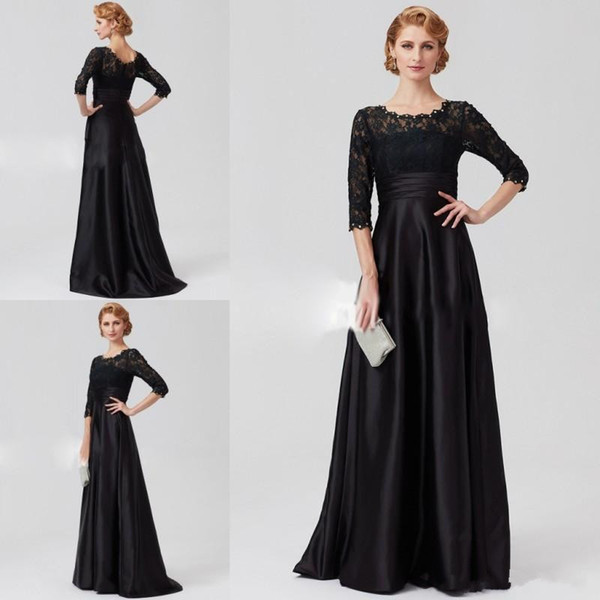 Black Lace Top A-Line Mother Of The Bride Dresses Half Sleeve Satin Beaded Plus Size Mother Of The Groom Gowns