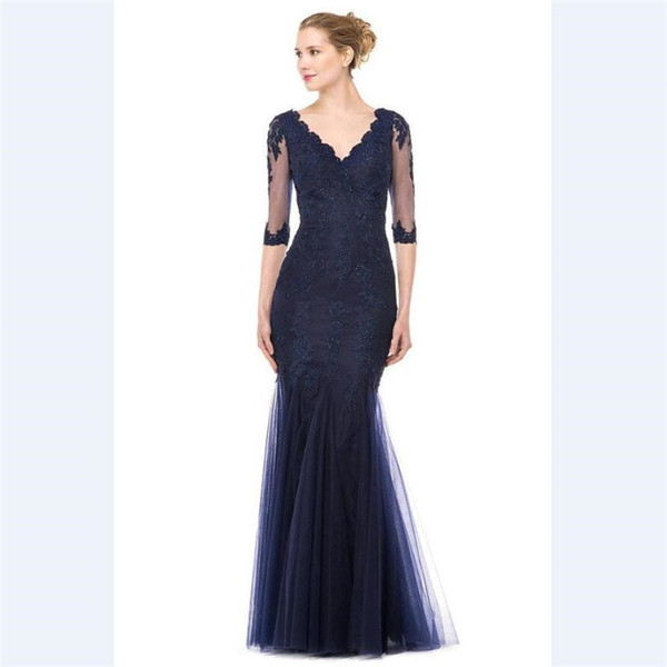 Elegant Blue Tulle Mermaid Mother's Dresses Custom 1/2 Sleeves Mother Of the Bride Dress V Neck Sequins Lace Evening Gowns