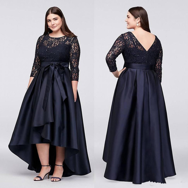 Dark Navy Lace Plus Size Mother Of The Bride Dresses 3/4 Long Sleeves High Low Evening Gowns Cheap Short Party Dress