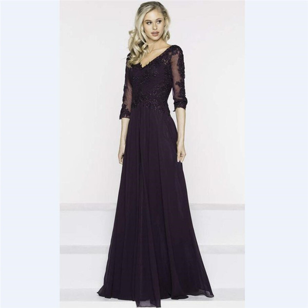 Elegant Purple Chiffon A Line Mother's Dresses Custom 3/4 Sleeves Mother Of the Bride Dress V Neck Sequins Lace Prom Gowns