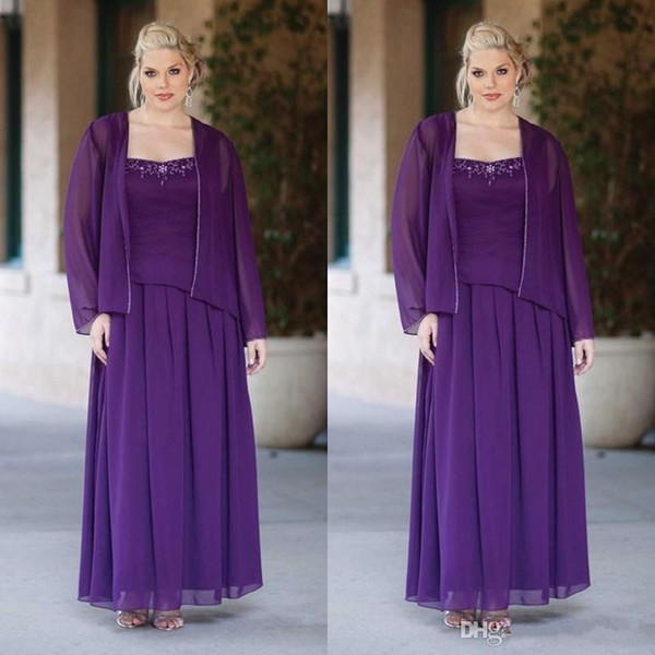 New Fashion Chiffon Plus Size Mother Of The Bride Dresses With Jacket Beaded Dresses Evening Wear Simple Cheap Wedding Guest Dress