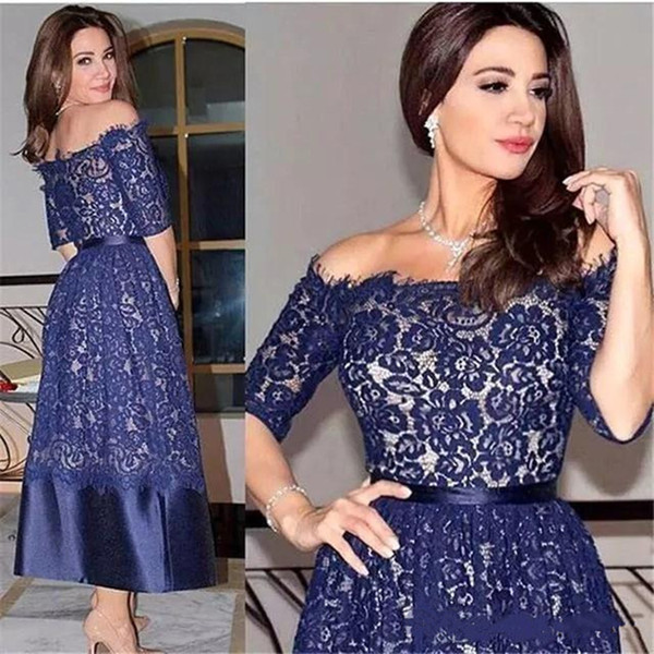 Elegant Navy Blue Lace Mother Of The Bride Dresses With Half Sleeves Tea Length Dresses Evening Wear Custom Made A-line Wedding Guest Dress