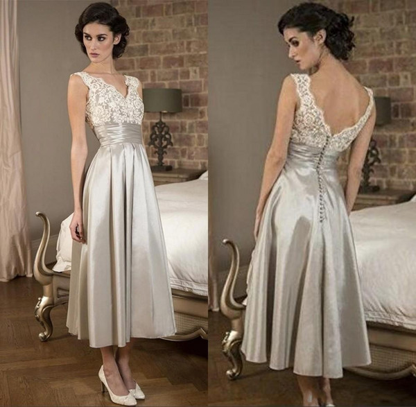Elegant Silver V Neck Mother Dresses Lace Appliques Ankle Length Mother of the Bride Dress