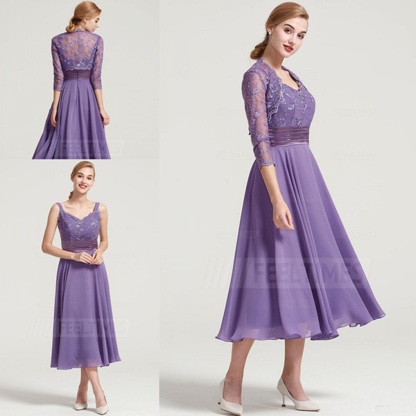 Lavender Tea Length Mother Dresses with 3/4 Long Sleeve Jacket Mother of the Bride Dress Women Formal Wear