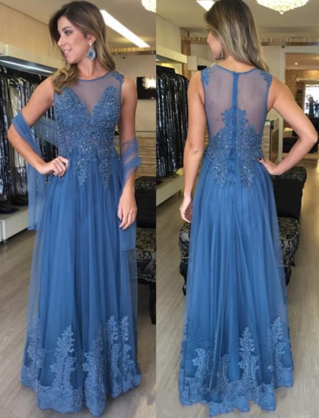 Elegant Beads Blue A Line Mother Dresses Sequins Lace Appliques Floor Length Mother of the Bride Dresses Women Formal Wear