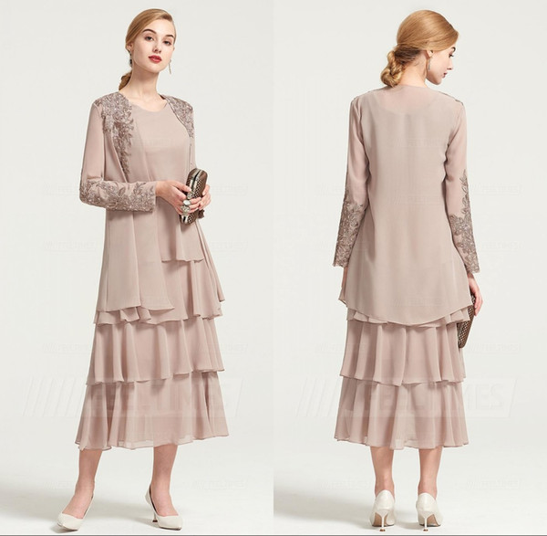 Modest Tiers Long Sleeve Chiffon Mother Dresses Tea Length Appliques Mother of the Bride Dresses Sheath Women Formal Dress