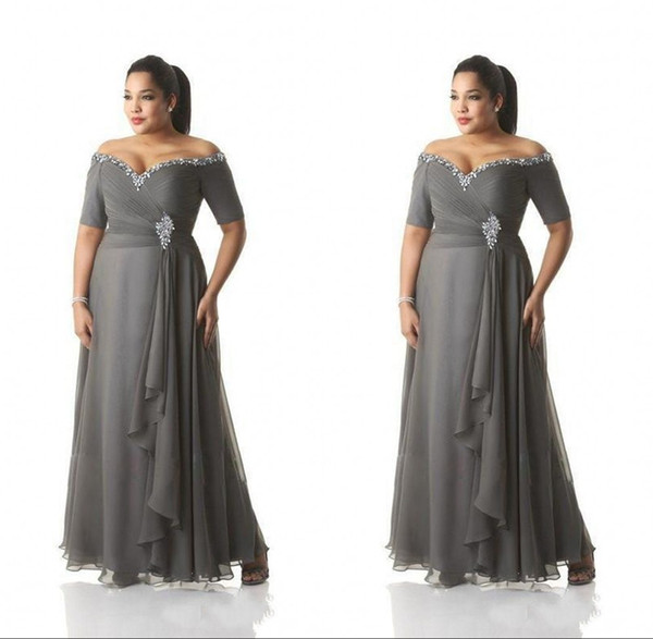 Gray Off Shoulder Half Sleeve Mother Dresses Sequins Sash Chiffon Mother of the Bride Dress 