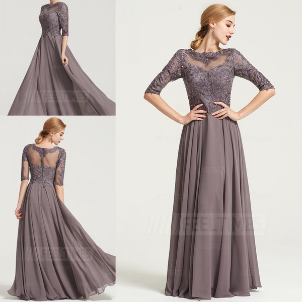 Taupe Floor Length Chiffon Mother Dresses Lace Appliques Elegant Jewel Half Sleeve Mother of the Bride Dress Women Formal Wear