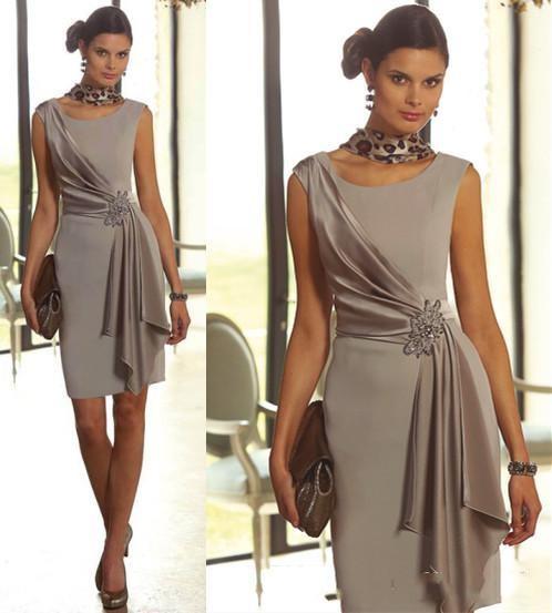 Modest Gray Sash Mother Dresses Jewel Neck Beads Knee Length Mother of the Bride Dress BC1673