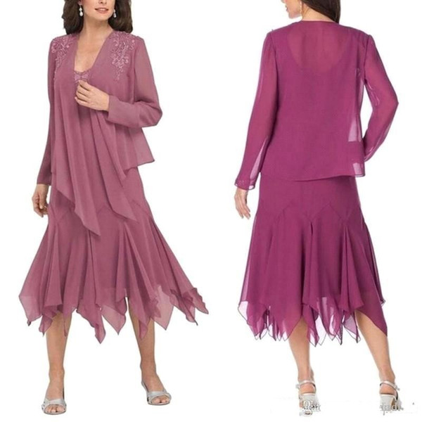 Modest Chiffon Mother Dresses with Long Sleeve Jacket Tea Length Mother of the Bride Dress