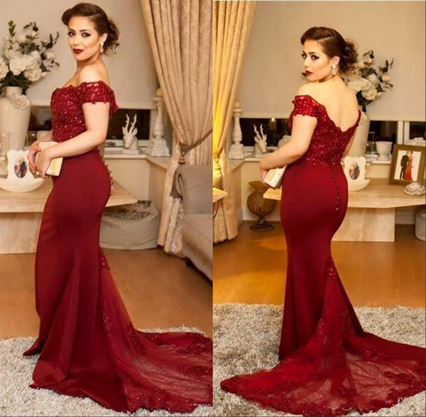 Vintage Burgundy Off Shoulder Mother Dresses Mermaid Lace Appliques Sweep Train Mother of the Bride Dresses Women Formal Dress