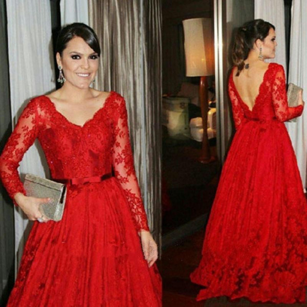 Modest Red Illusion Long Sleeve Mother Dresses V Neck Lace Appliques Mother of the Bride Dress Women Formal Wear