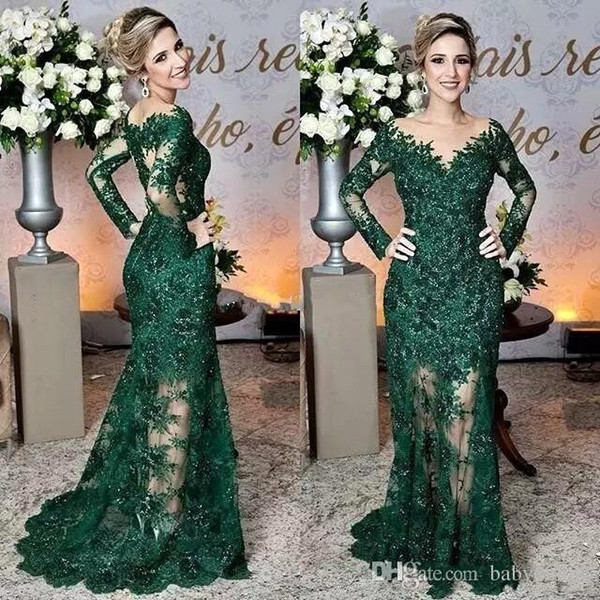 Modest Dark Green Mother Dresses with Lace Appliques Sequins Long Sleeve Mother of the Bride Dress BC1753