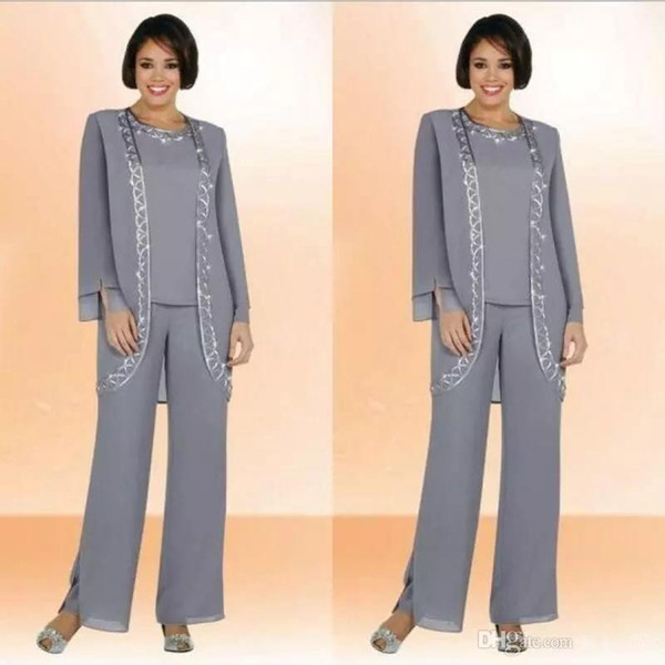 Custom Made Gray Chiffon Mother Of The Bride Pant Suits With Long Sleeve Jacket Cheap Embroidery Formal Suits Party Gowns