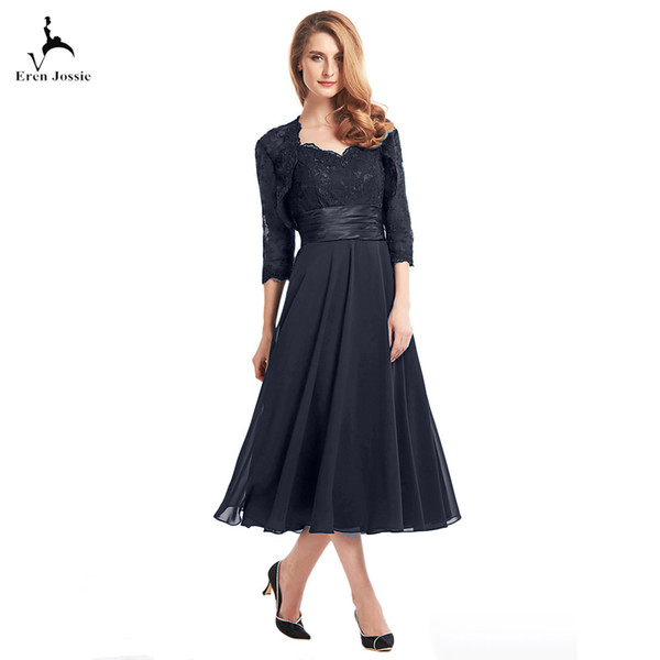 Eren Jossie Modest Style Tea Length Purple Navy Blue A-Line Chiffon Pleats Waist Corded Lace with Appliques