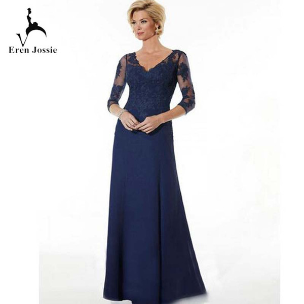 Eren Jossie Elegant Women Transparent Design Fashion Three Quarter Sleeves Navy Blue Chiffon Mother's Dresses with Appliques