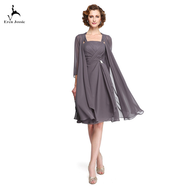 Eren Jossie Elegant Mother of the Bride Dresses With Long Wrap Jacket Draping Knee Length Short Gray Chiffon Custom Made