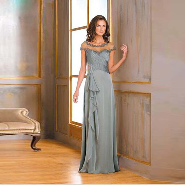 Eren Jossie Silver Turquiose Color Cap Sleeve Modest Mother's Dress with Lace Trim Floor Length Gown