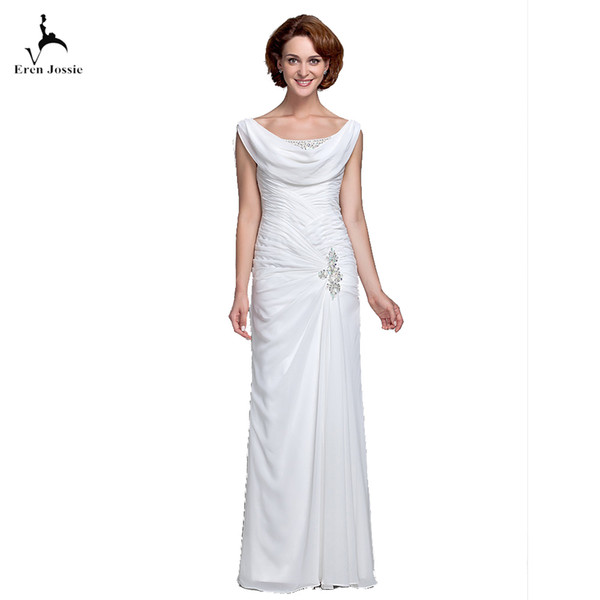 Eren Jossie Sheath White Chiffon Criss Cross Pleated Beads Cowl Neck Sleeveless Long Women's Formal Dress Mother