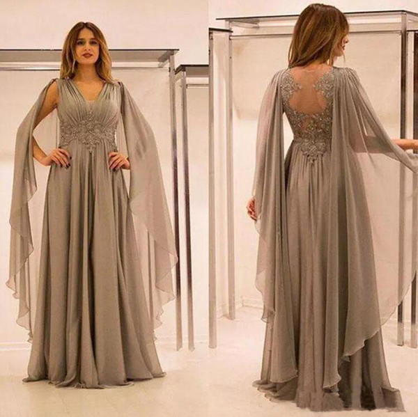 Grey mother of the bridal dresses floor length mother dresses deep v neck mother gowns with cape