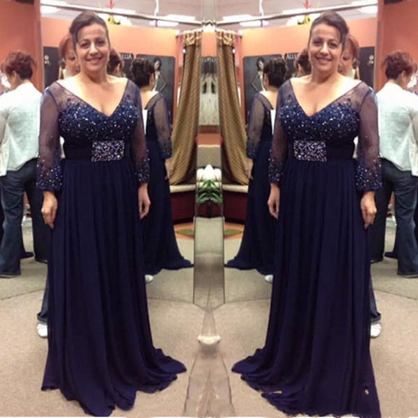 Dark blue mother of the bridal dresses long sleeve deep v neck chiffon evening gowns with beaded long prom dresses