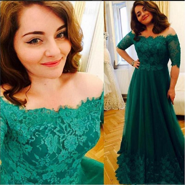 Green half sleeve mother of the bridal dresses lace appliques tulle mother prom dresses off the shoulder evening dresses