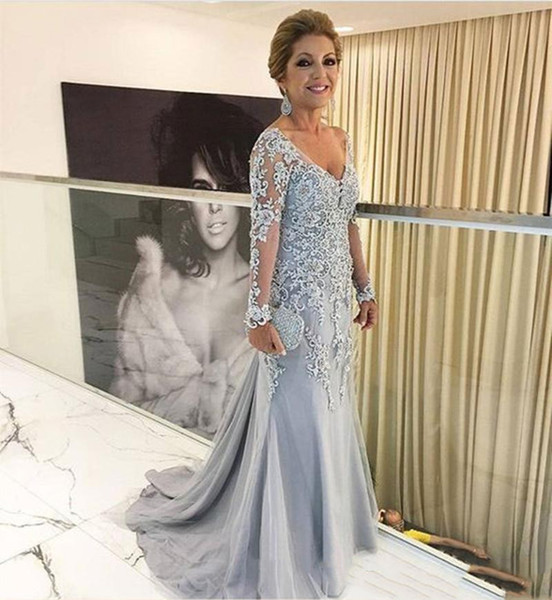 long sleeve mother of the bridal dresses lace appliques sweep train mother evening dresses deep v neck mother dresses