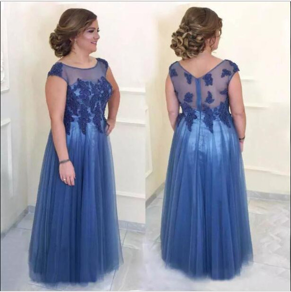 Plus Size Mother Of The Bride Dress For Wedding Guest Wear Blue Illusion Tulle Long Prom Dress Appliques Beads Formal Evening Dresses Gowns