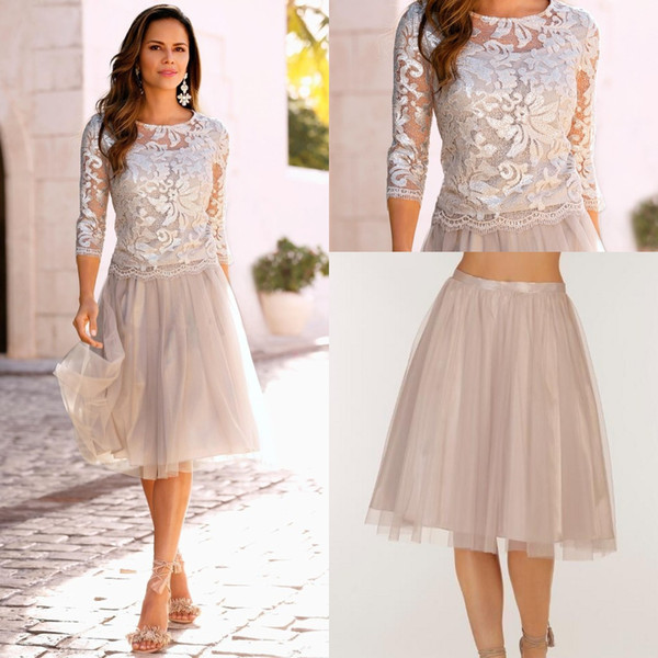 Short Two Pieces Mother Of The Bride Groom Dresses Lace Tulle Knee Length 3/4 Long Sleeves Evening Prom Dresses