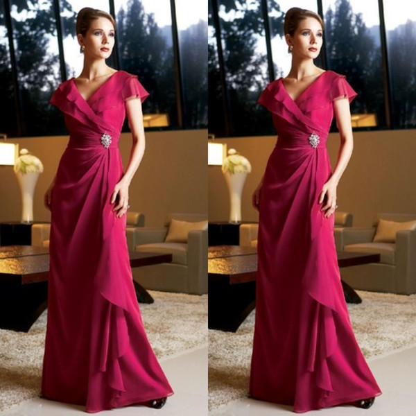 Fuschia Mother's Dresses Long Formal Fuchsia Chiffon Mother of the Bride Gowns V Neck Cap Sleeves Crystals Wedding Guests Dress 68