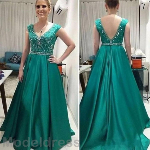 Mother Of The Bride Dresses V-Neck Open Back Crystal Beaded Floor Length Plus Size Mother Dresses Custom Made Formal Evening Wear