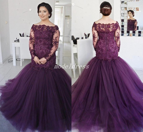 Grape Elegant Mermaid Mother Of The Bride Dresses Long Sleeve Sweep Train Appliques Women Evening Prom Party Gowns Wedding Guest Gowns