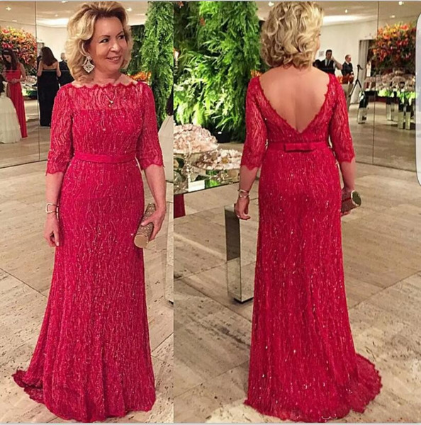 Vintage Red Mother Of The Bride Dresses 3/4 Long Sleeve Bateau Full Lace Sequined Women Party Wedding Guest Gowns Plus Size