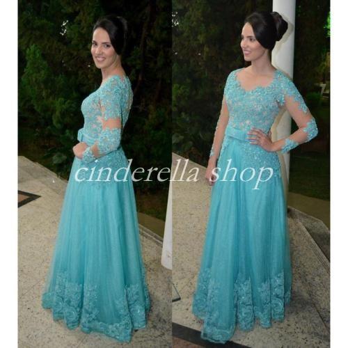 Turquoise Long Sleeve Mother Of The Bride Dress V Neck Floor Length Appliques Sequins Women Prom Party Gowns Wedding Guest Dress Plus Size