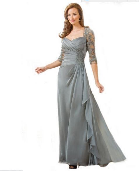 Silver Mother Of The Bride Dresses A-line 1/2 Sleeves Chiffon Lace Plus Size Long Elegant Groom Mother Dresses Wedding