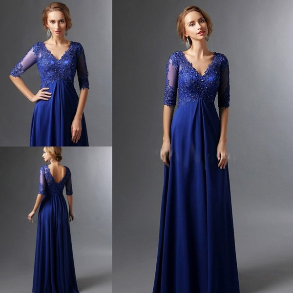 Plus Size Royal Blue Mother Of The Bride Dresses A-line V Neck Half Sleeves Chiffon Lace Long Elegant Groom Mother Dresses