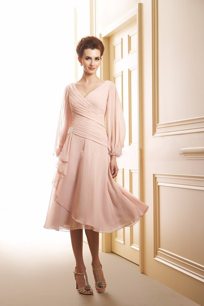 Glamorous Long Sleeves Vintage Fast Pleats Chiffon Short Evening New Arrival Vestidos Mother Of The Bride Dresses