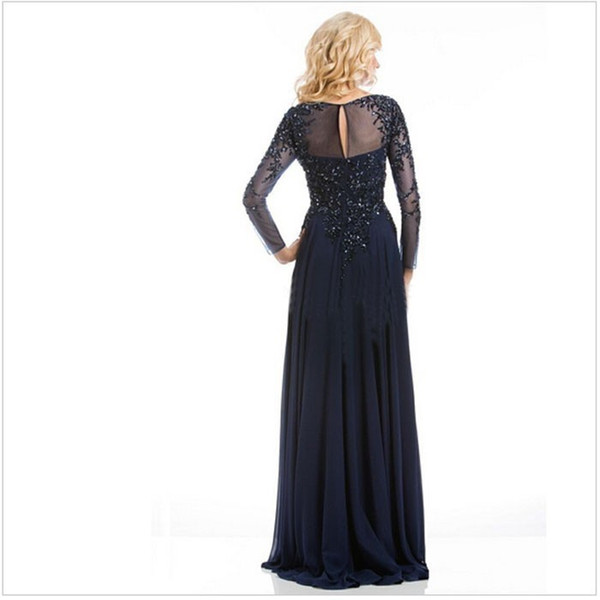 New Arrival Formal Long Evening Dresses 2017 Navy Blue Lace Crystals Mother Of The Bride Dresses Long Sleeve Party Evening Gowns