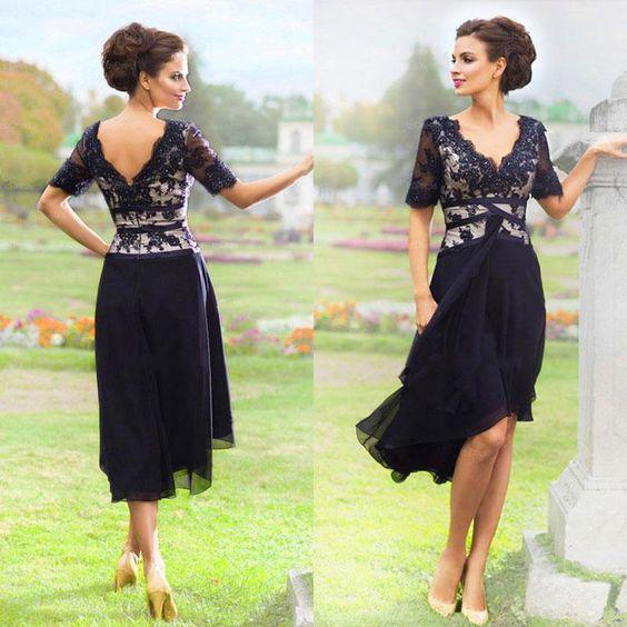 New Arrival Navy Blue 2016 Elegant Country Mother Of The Bride Dresses With Half Sleeves V Neck Lace Evening Dresses Tea Length