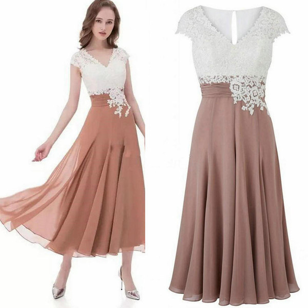 Newest Mother Of The Bride Dresses V Neck Cap Sleeves Appliques Lace Chiffon Pleated Tea Length Wedding Guest Dresses Rose White Black 480