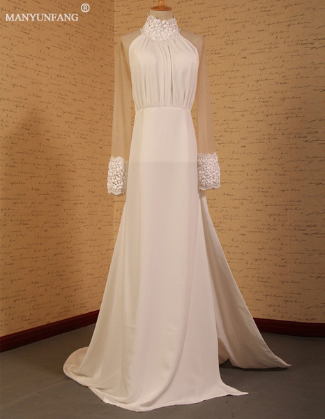 Floor Length Jewel Neck Mother of the Bride Groom Dress With Long Sleeve A-Line Beading Elegant Ivory Sheer Back Real Photo Dress