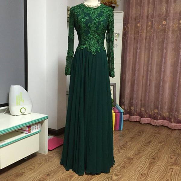 Jewel Neck Chiffon Mother of the Bride Dress With Long Sleeves Appliques Lace Mother's Dresses Elegant Long Evening Dress