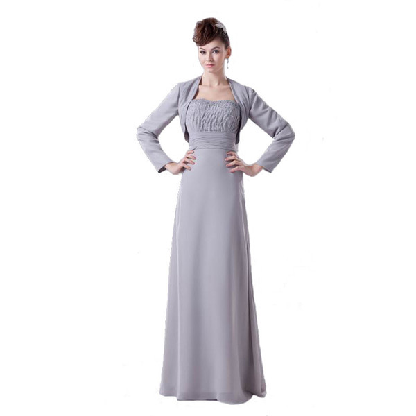 Hot Selling Brand Mother of Bride Dress Gray Chiffon With Long Sleeve Jacket Beaded Bodice Dress Mum