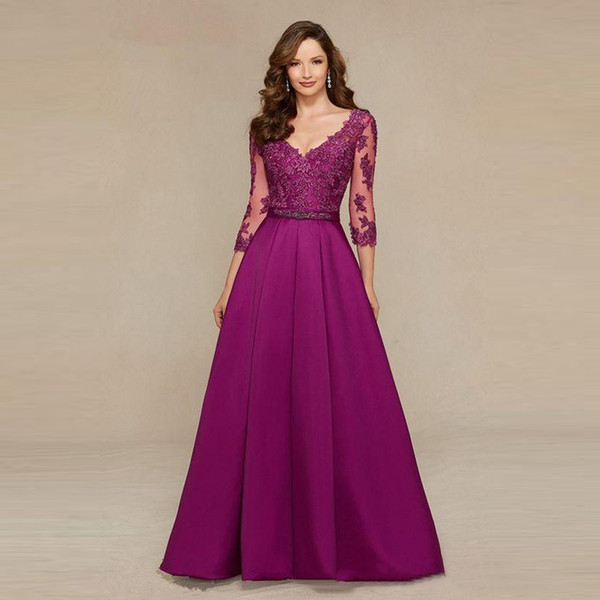 3/4 Long Sleeves Elegant V Neck Mother of the Bride Party Gowns with Beaded Applique A Line Satin Evening Dresses Formal