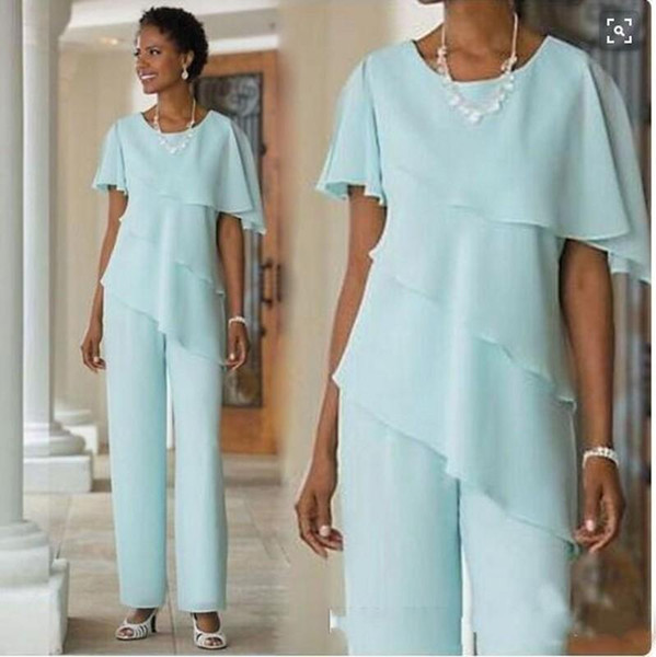 New Mother of the Bride Dresses Pants Suits Wedding Guest Dress Silk Chiffon Short Sleeve Tiered Mother of Bride Pant Suits Custom Made