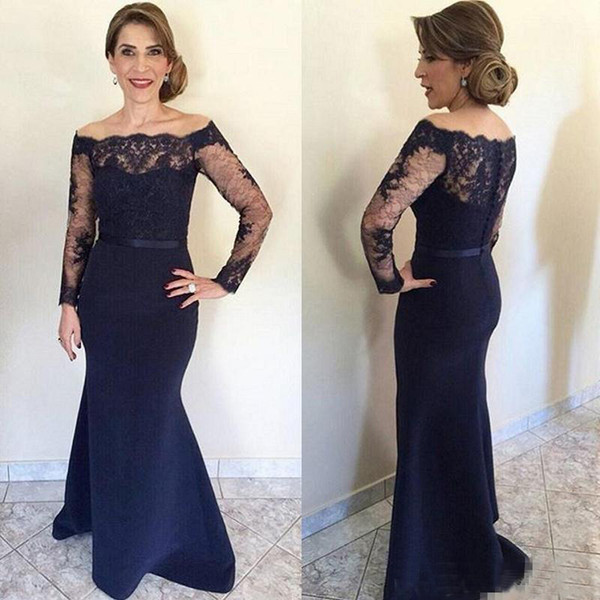 Off the Shoulder Dresses for Evening Wear Navy Blue Lace Formal Mother of Bride Dress Plus Size Long Sleeves Mermaid Prom Dress 2017