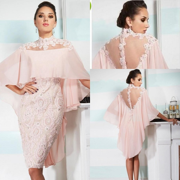 Mother of bride dresses Short High Neck Pink Chiffon Lace Applique Beads With Wraps Sheer Back Plus Size Party Wedding Guest Gowns