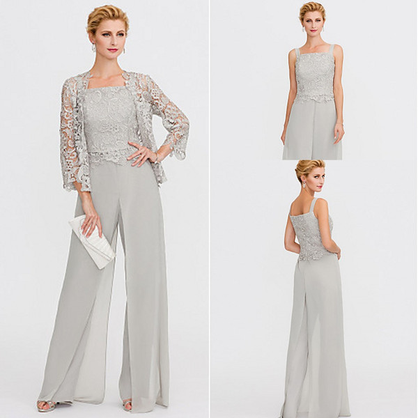 Sexy Pant Suit Straps Sage Chiffon Corded Lace Mother of the Bride Dresses with Appliques Lace Pleats Split Front Evening Dress