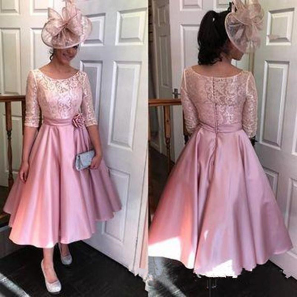 Vintage Style Pink Lace Mother of the Bride Dresses New Scoop Neckline A-Line Half Sleeve Tea Length Formal Evening Party Gowns M103